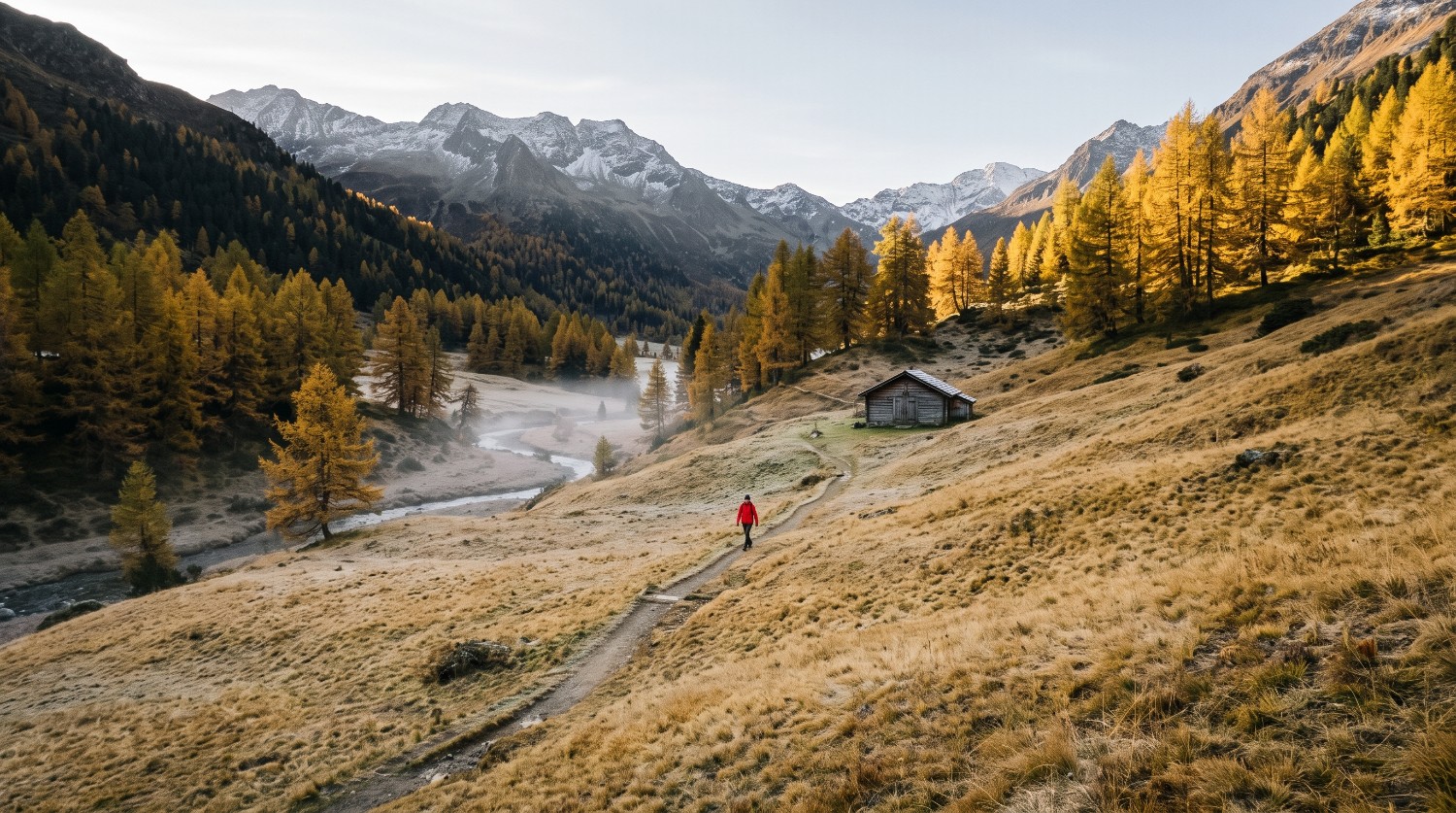Una persona sola cammina in una valle laterale tranquilla con larici dorati in autunno
